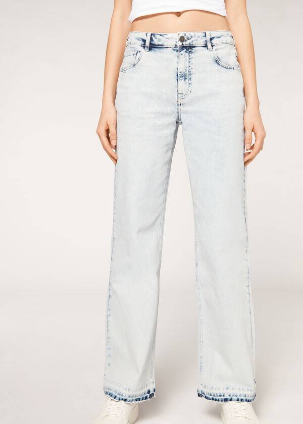 blaue damen-jeans calzedonia mit weitem bein und fransen