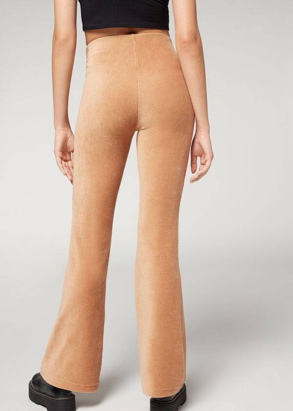 calzedonia damen-leggings aus samt gerippt ausgestellt braun