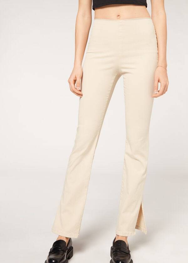 braunebeige calzedonia high-waist schlaghose aus denim mit schlitzen für damen