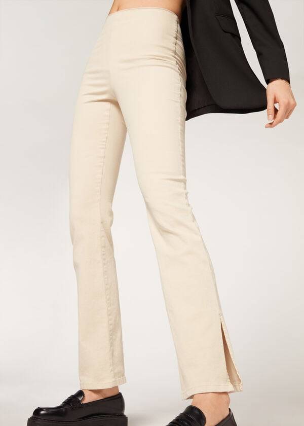 braunebeige calzedonia high-waist schlaghose aus denim mit schlitzen für damen