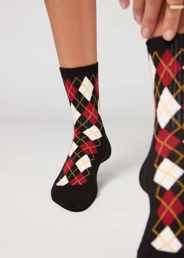 calzedonia damen-sportsocken mit rautenmuster und rippenstruktur schwarz