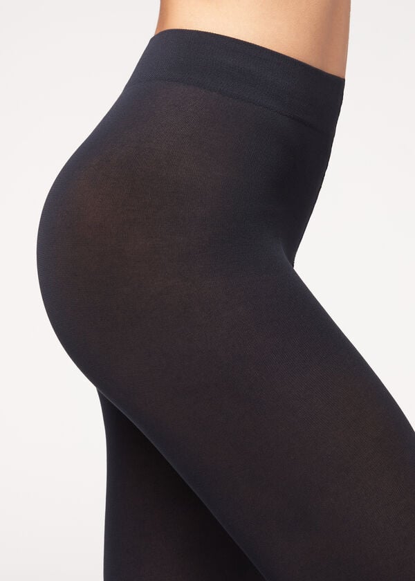 blaue blickdichte damenstrumpfhose von calzedonia aus 100 denier baumwolle und mikrofaser