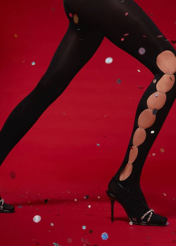 schwarze damen-strumpfhose von calzedonia mit strass-ausschnitt 100 denier blickdicht mit Öko-muster