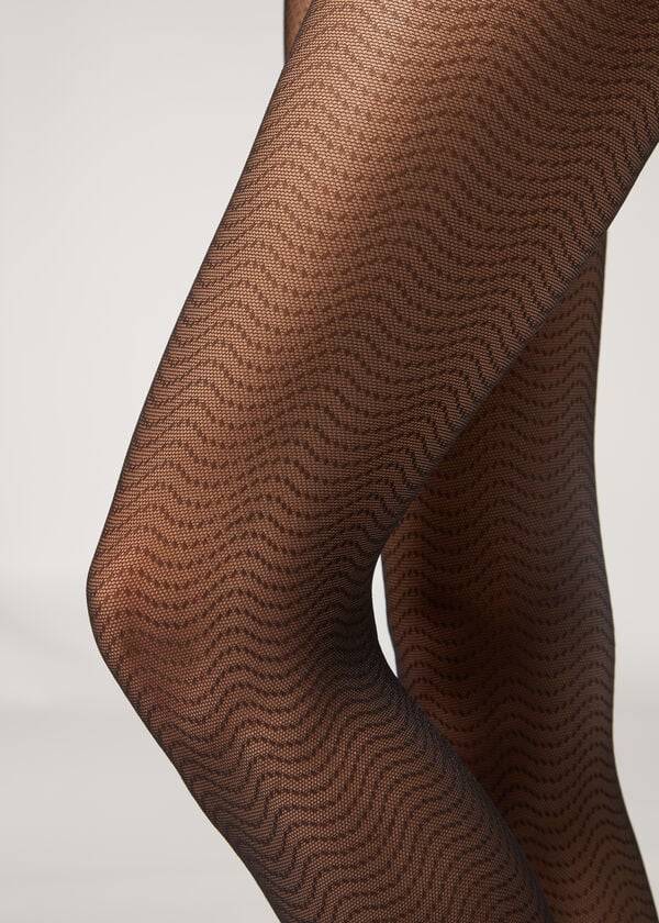 damen-leggings calzedonia wave-motif micronet-muster schwarz