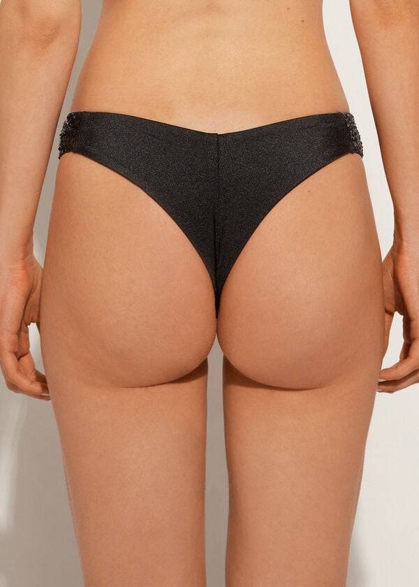 damen-bikinihose calzedonia mit pailletten hohem beinausschnitt brasilianischem cannes-schnitt frech schwarz