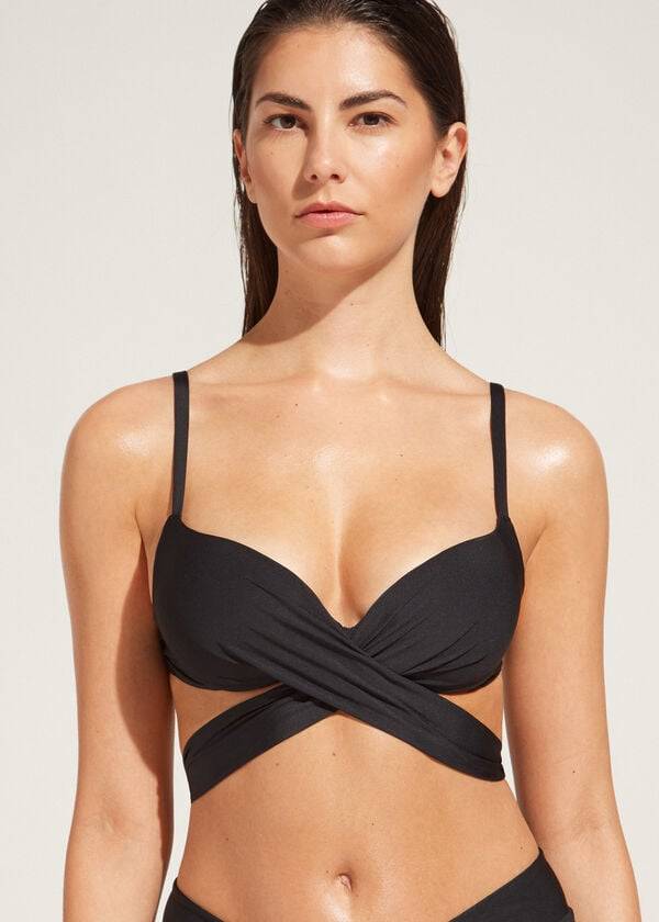 schwarze damen-bikini-oberteile von calzedonia mit abgestufter polsterung und push-up-effekt aus indonesien