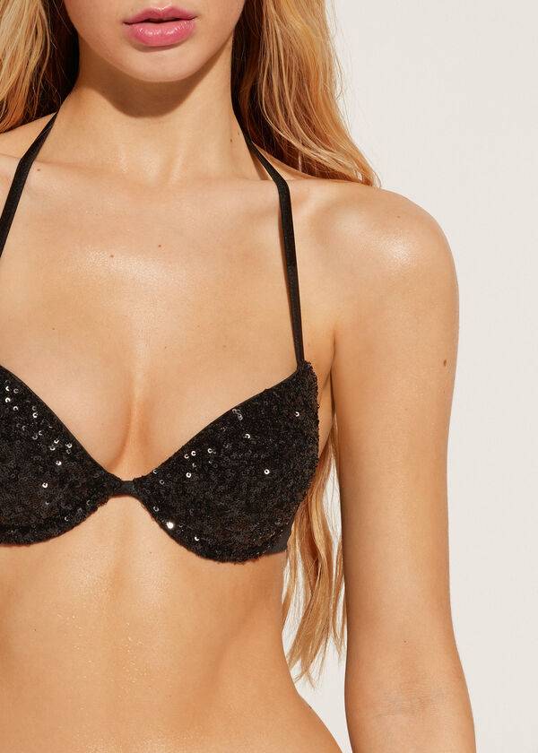 schwarze calzedonia push-up bikini-oberteile für damen modell cannes rosa gepolstert